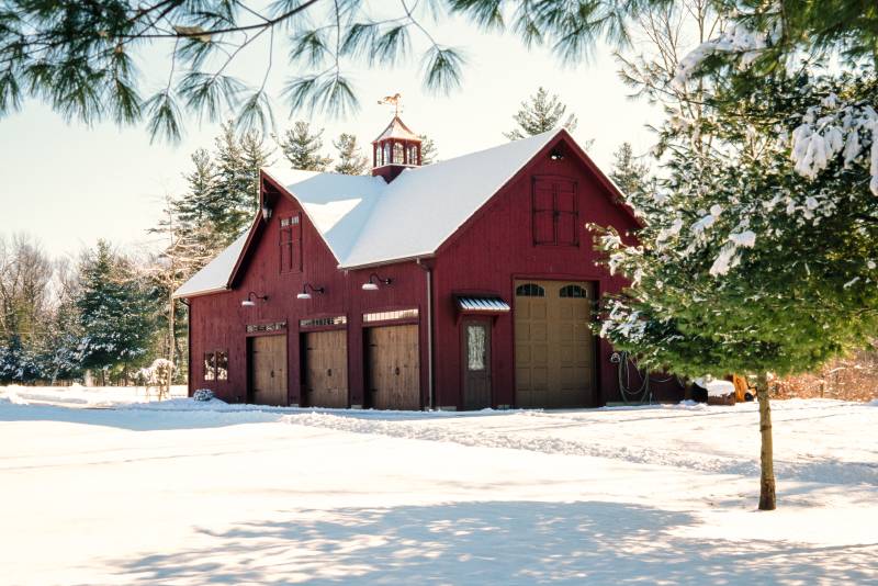 The 38' x 56' Lenox Carriage Barn in the snow