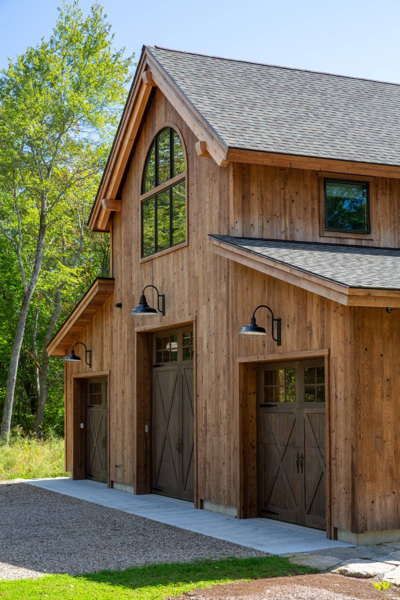 Douglas fir timber show rafters in the gable end