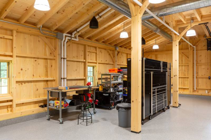 A workshop area within the Monitor Barn’s lean-to