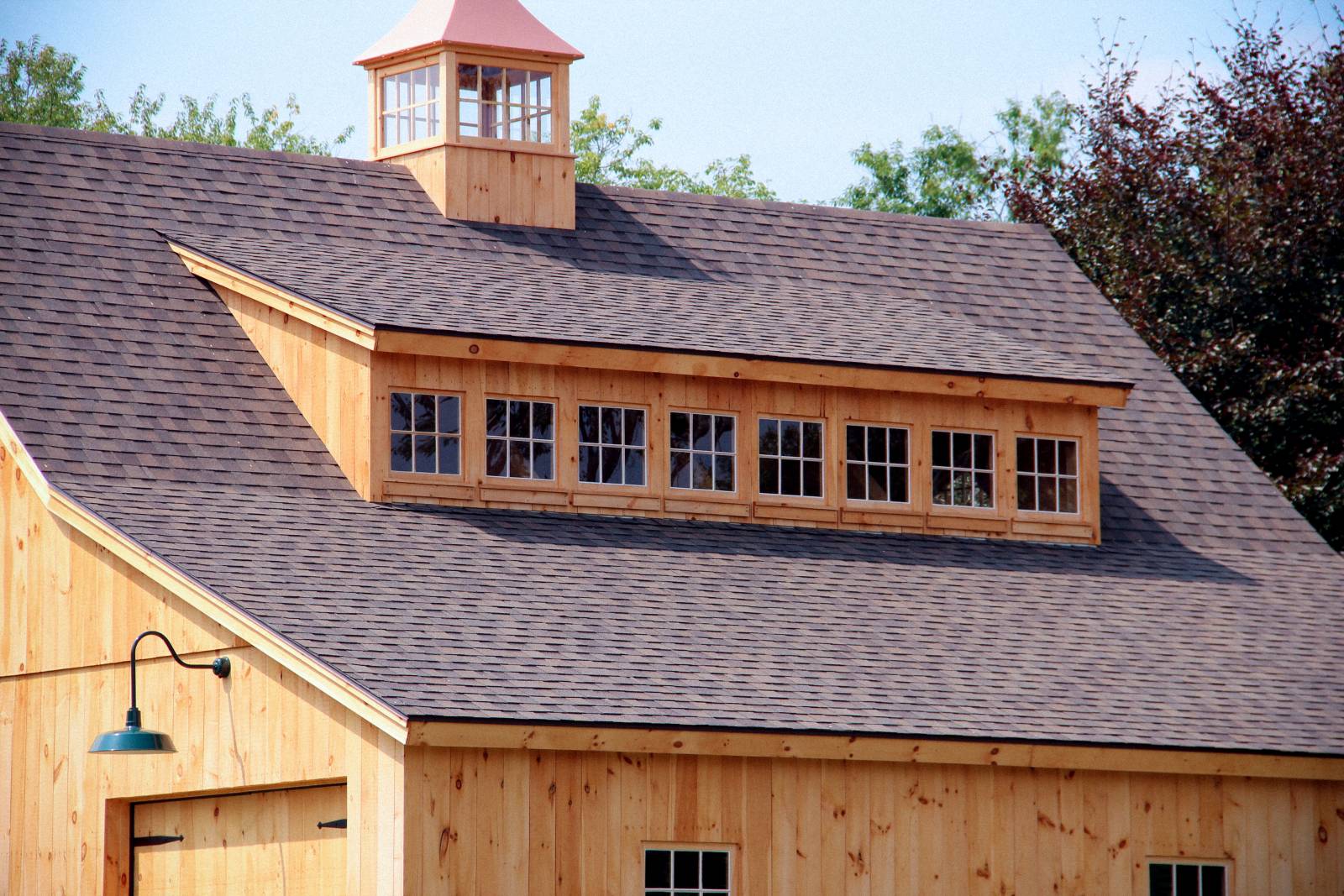 Closeup of timber frame transom dormer