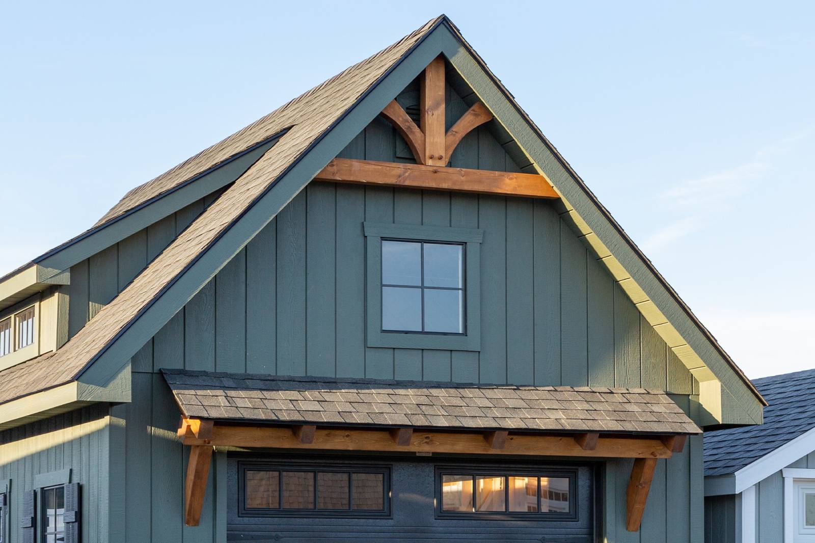 Straight Timber Frame Accent Truss • Modern Timber Frame Eyebrow Roof