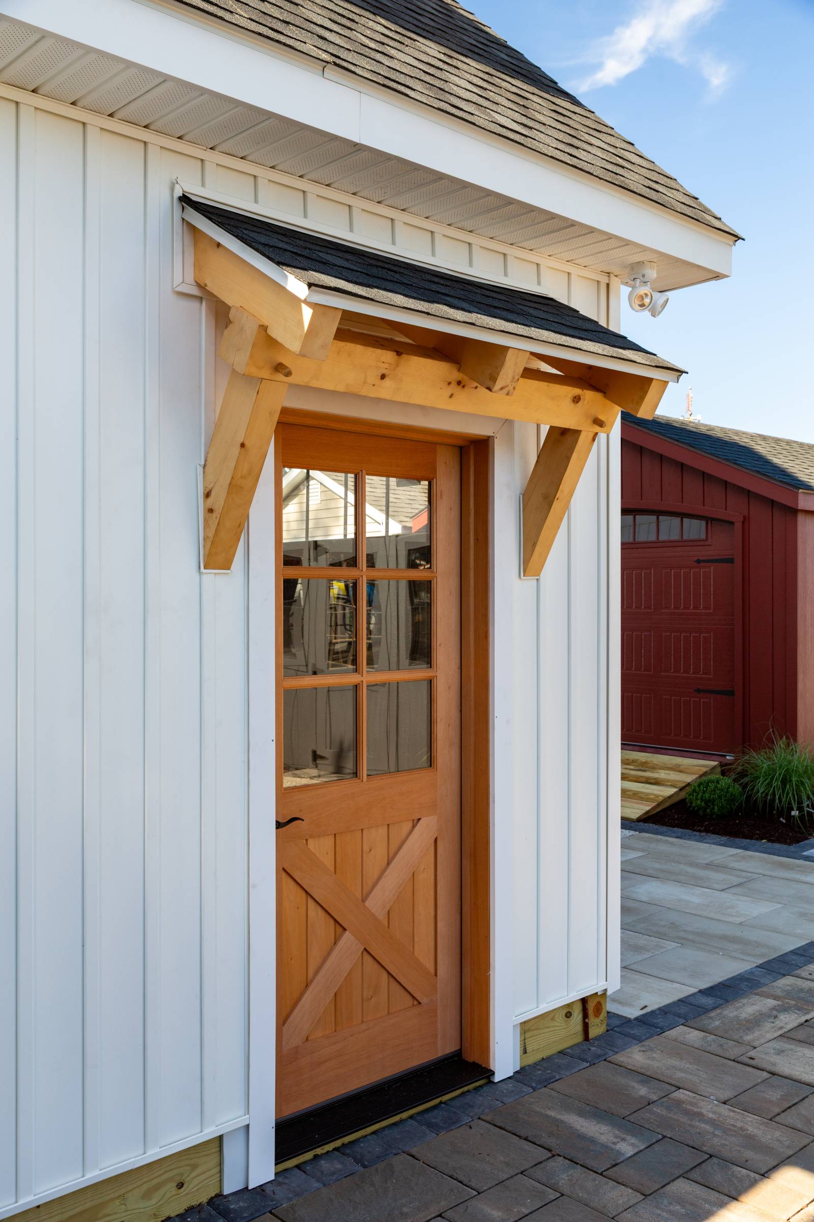3' x 7' Spanish Cedar Entry Door • 4' Modern Timber Frame Eyebrow Roof