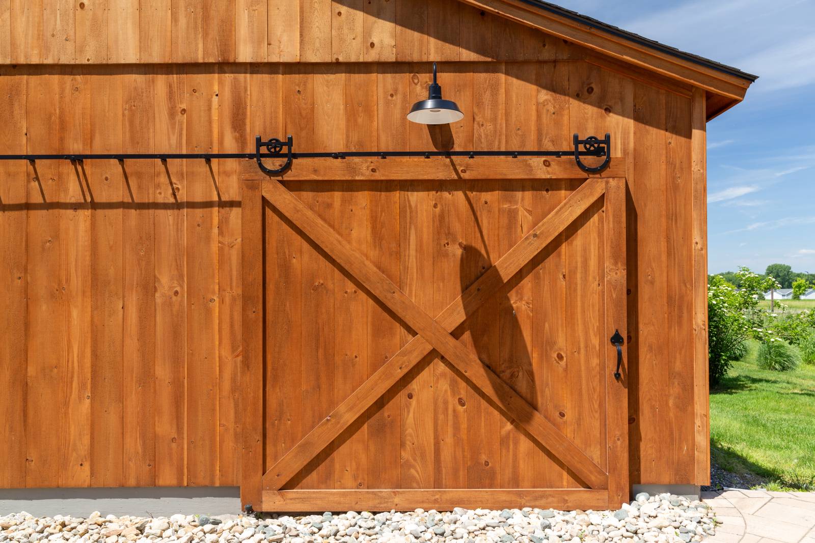 Pine Sliding Door on 32' x 32' Lenox Carriage Barn