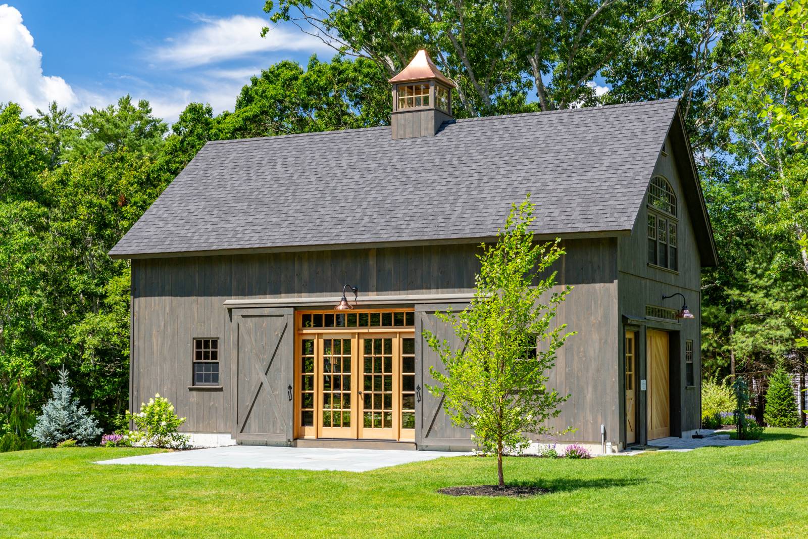 Spanish Cedar Double Entry Door with Sidelights & Transom on 34' x 36' Lenox Carriage Barn