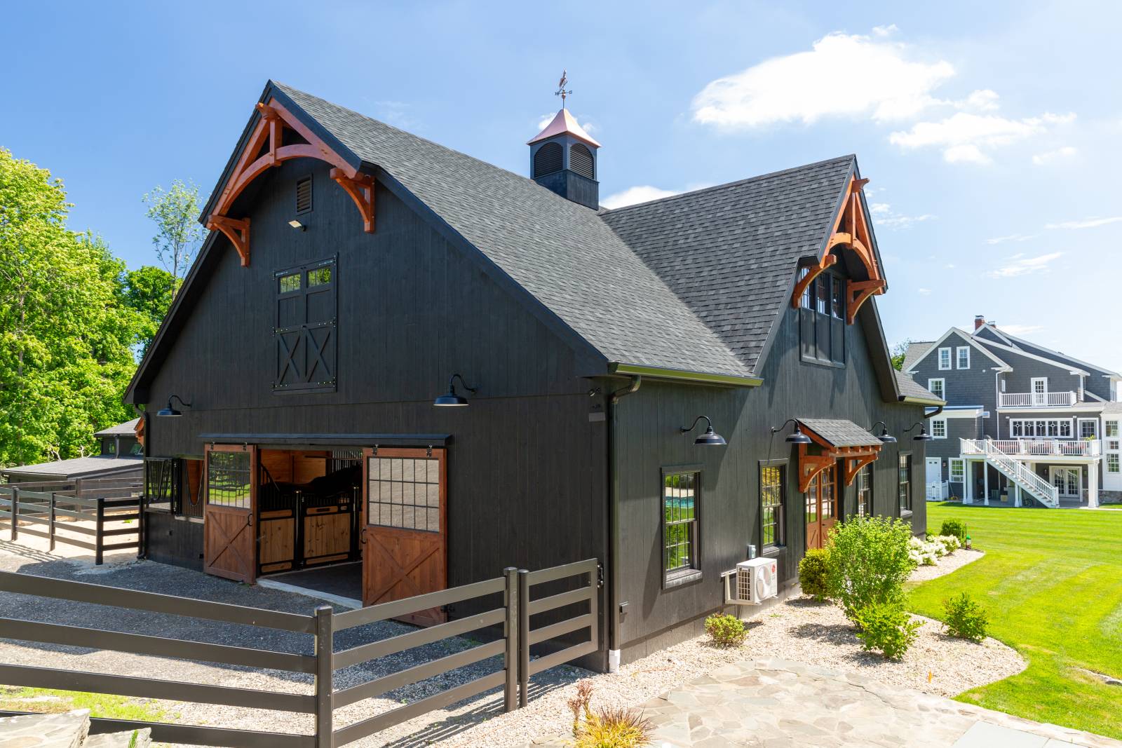 Turkey Rail Peaks with Timber Truss Accents on 42' x 46' Belmont Saratoga Barn