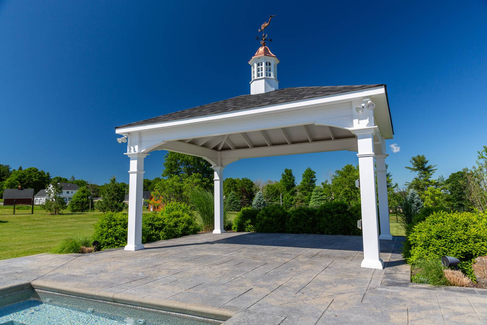 The vinyl pavilion is stylish and maintenance-free