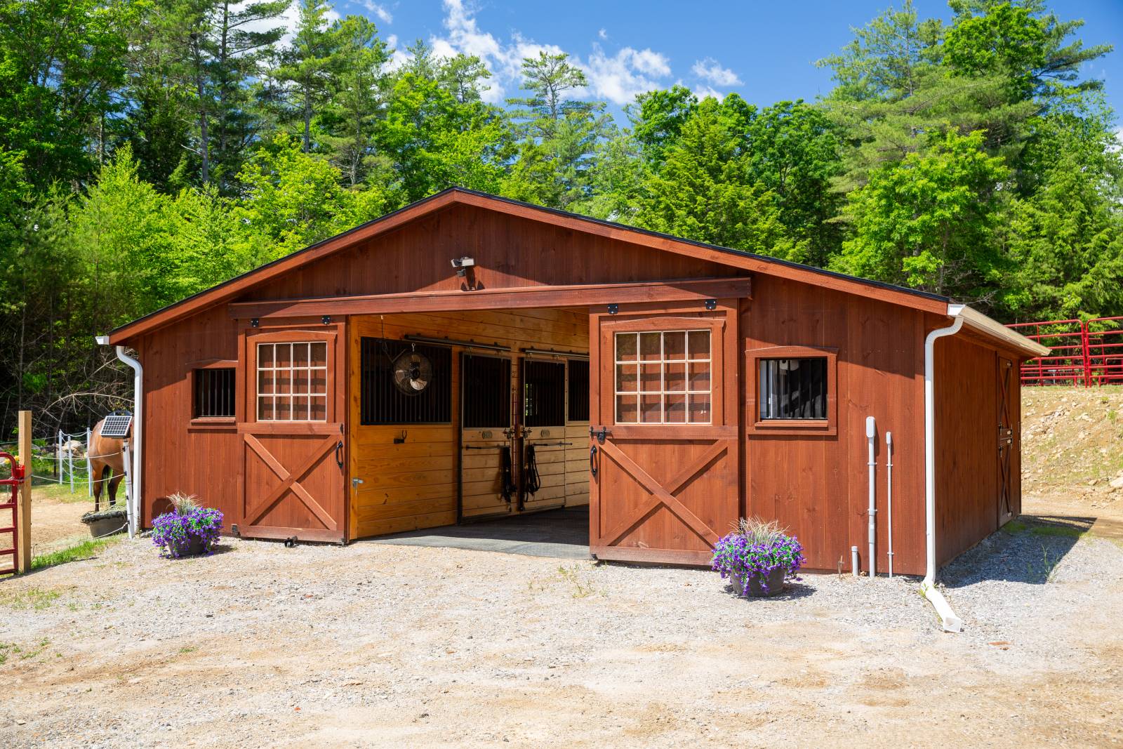 Pine siding, stained in the color Rustic Cedar