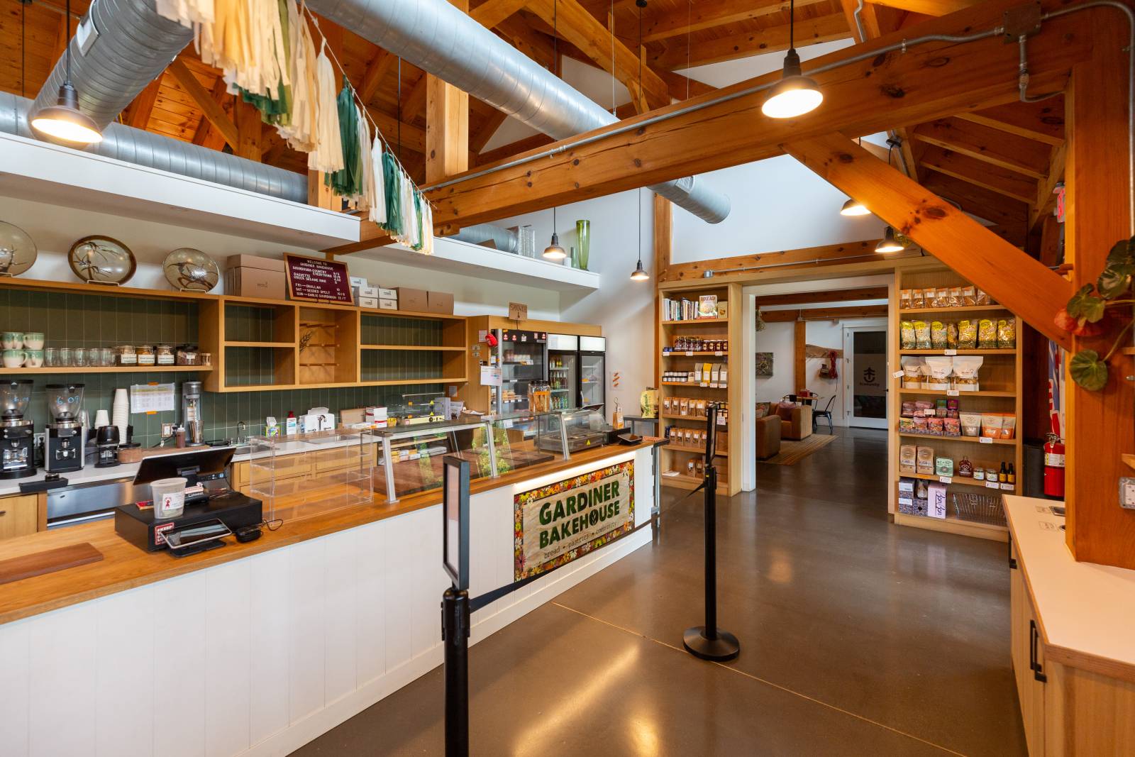 The timber frame interior brings a rustic vibe to the bakehouse