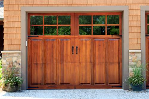 Rich wood-toned garage doors