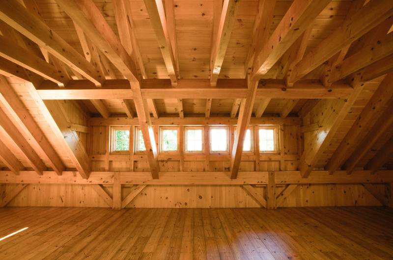 The timber frame transom dormer upstairs (notice no ridge beam or posts)