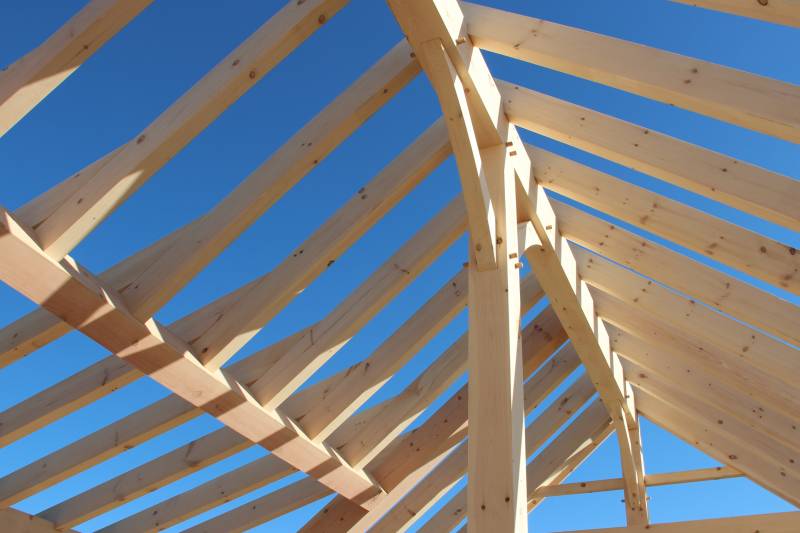 Upstairs looking at the structural ridge and rafters