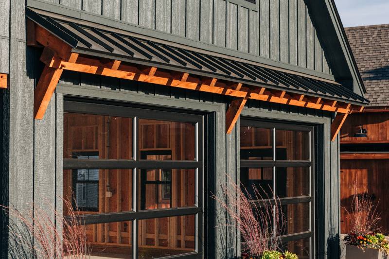 9' x 8' Garaga Full View Glass Overhead Doors • Modern Farmhouse Timber Frame Eyebrow Roof