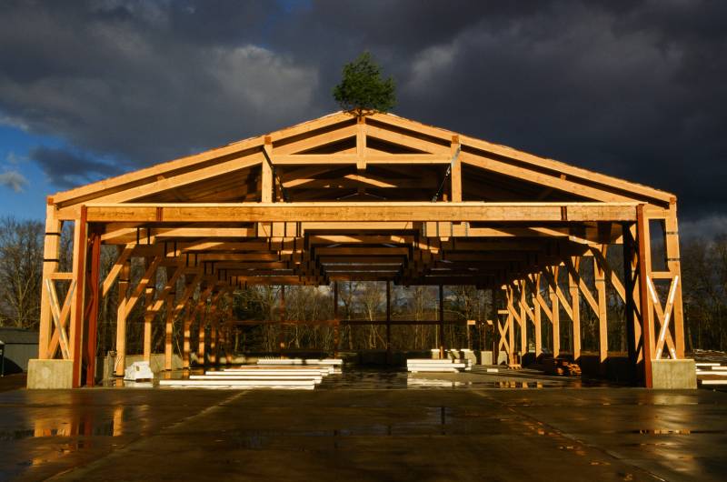 The Timber Frame Airplane Hangar after a storm