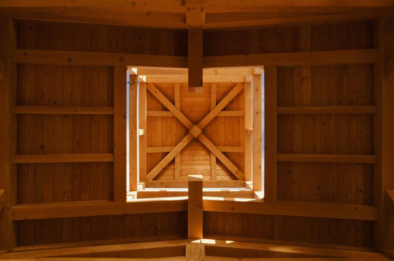 The fuctional timber frame cupola lets light in