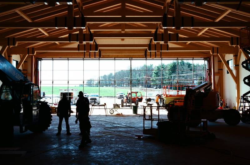 Looking out through the Timber Frame Airplane Hangar