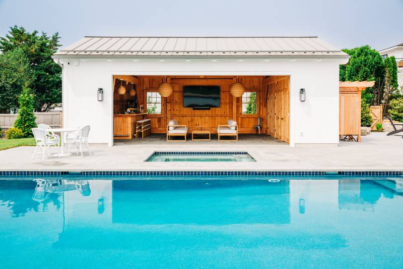 Looking across the pool • Montauk Timber Frame Pool House
