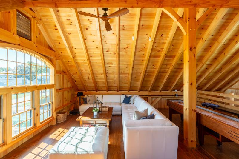 The seating area in the loft overlooks the bay