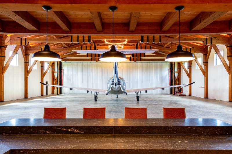 Looking out at the hangar from behind the bar