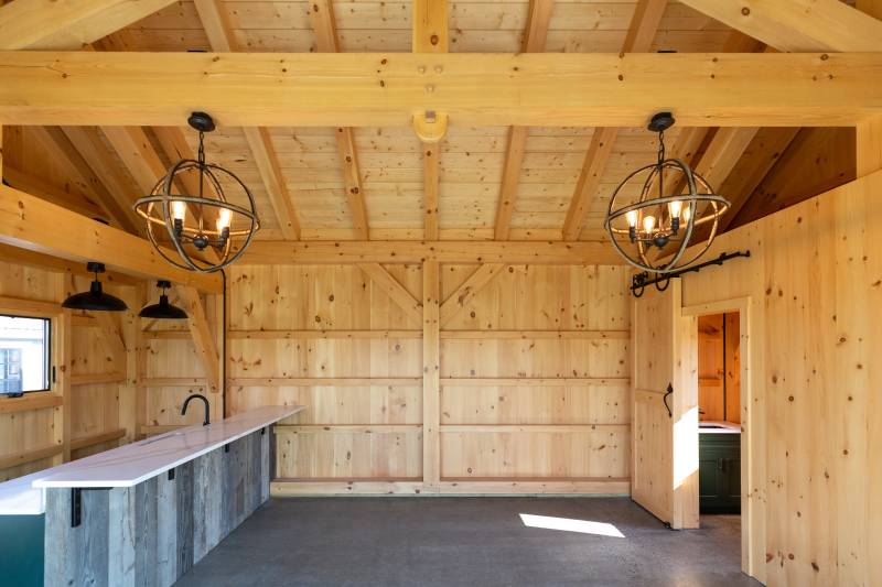 Bar space on the left, and an enclosed bathroom on the right