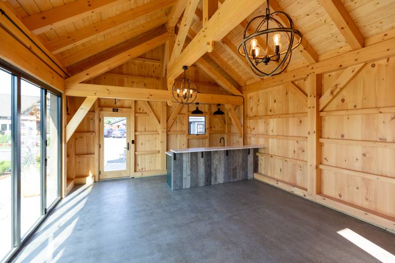 Looking towards the bar • Post & beam pool house interior
