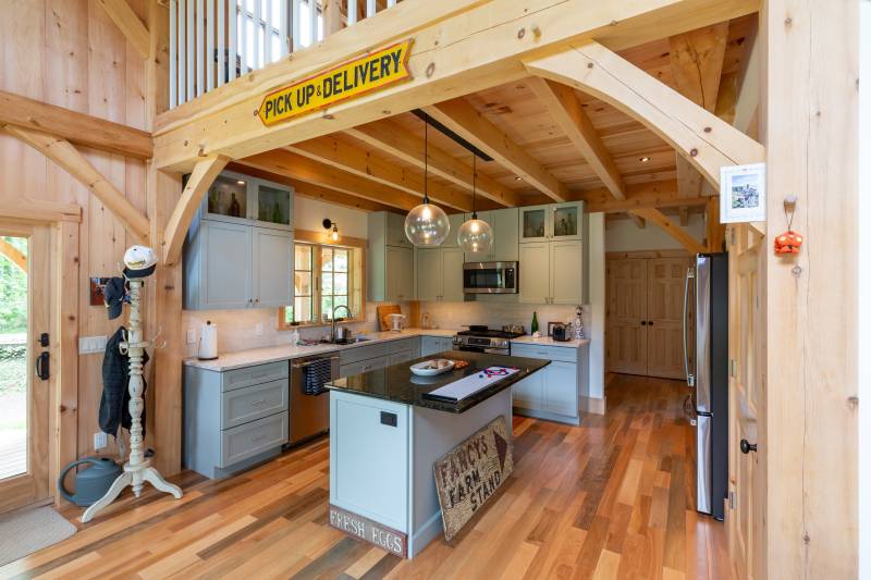 The post & beam barn home’s kitchen