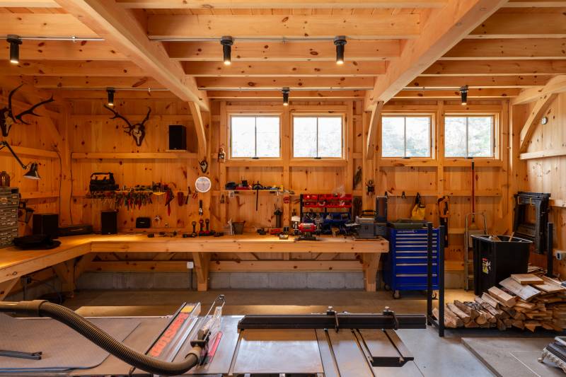 Built-in 28' Timber Frame Workbench in the workshop
