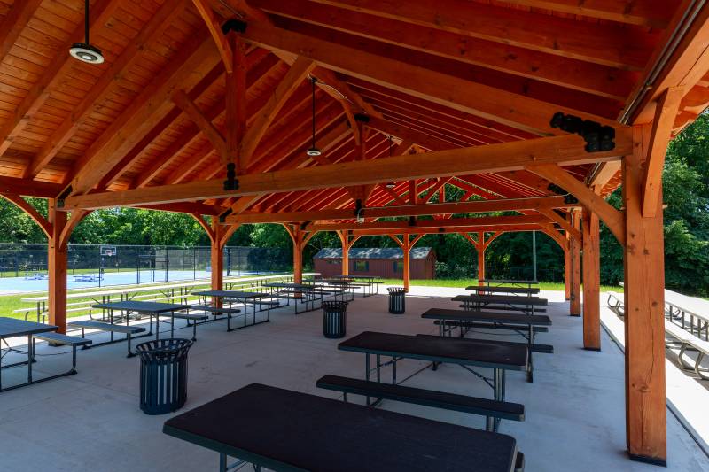 Underneath the 30' x 50' Bitterroot Timber Frame Pavilion