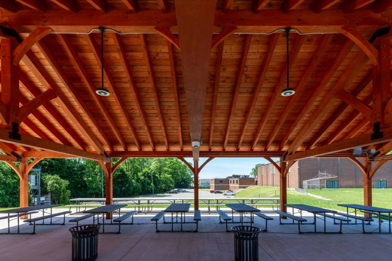 Many picnic tables fit comfortably beneath the post & beam pavilion